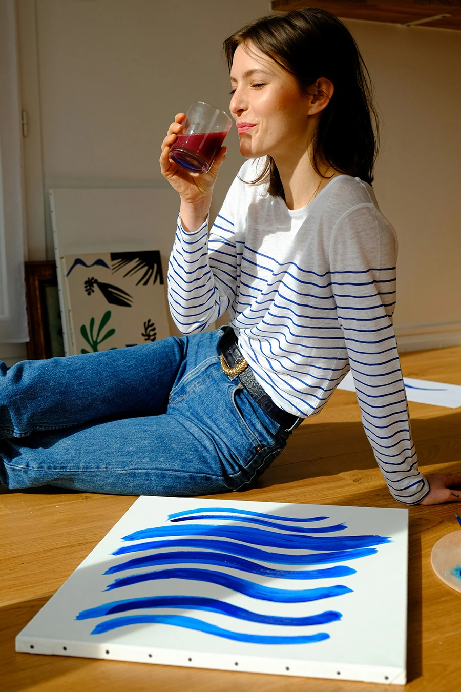 woman sitting on table